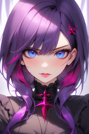 1girl, solo, masterpiece quality, looking at viewer, cute blush, blue eyes, purple hair, himecut hairstyle, She pouts, blurry, eyelashes, portrait, medium long shot, ((upper body)), ((Facial expression of malice and wickedness: 2)), reflection, she's sly, she's very sly, cunning face, detailed leering,Eyes