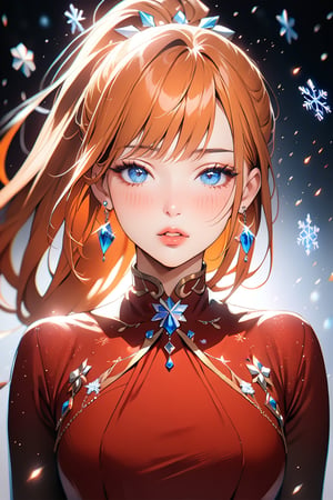 1girl, solo, ((standing: 2.5)), long hair, looking at viewer, blush, bangs, hair ornament, jewelry, blue eyes, ponytail, orange straight hair, earrings, parted lips, blurry, lips, ((red dress: 1.1)), eyelashes, portrait, light particles, ((masterpiece: 2)), excellent quality, light particles, snowflakes, ((stunning_image: 1.5)), ((magma drops in air: 1)), medium long shot.