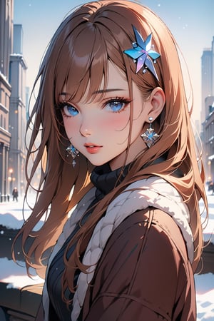 1girl, solo, ((sitting: 2.5)), long hair, looking at viewer, blush, bangs, hair ornament, jewelry, blue eyes, himecut, red straight hair, earrings, parted lips, blurry, lips, ((ropa de invierno: 1.1)), eyelashes, portrait, light particles, ((masterpiece: 2.5)), excellent quality, ((standing: 1.5)), city in background, ((stunning_image: 1.5)), ((snow in air: 1)), full body shot.