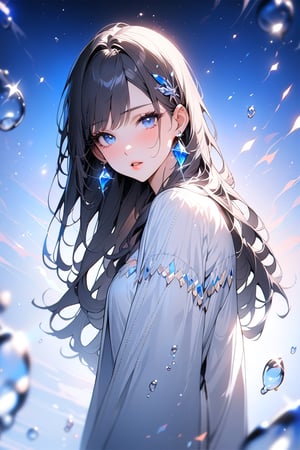 1girl, solo, ((standing: 2.5)) long hair, looking at viewer, blush, bangs, hair ornament, jewelry, blue eyes, himecut, black straight hair, ((girl sitting: 1.2)), earrings, parted lips, blurry, lips, eyelashes, portrait, light particles, ((masterpiece: 2)), excellent quality, light particles, water drop, ((stunning_image: 1.5)), ((cristals in air: 1)), medium long shot.,Eyes