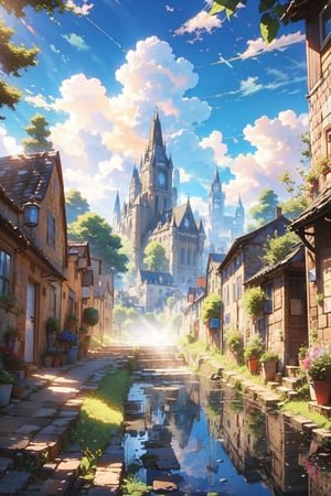outdoors, sky, day, cloud, tree, blue sky, no humans, window, shadow, plant, building, scenery, reflection, medieval city, ((fantasy medieval city: 1.2)), ((stunning_image: 1.2))