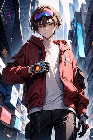 1boy, male focus, medium shot, cyberpunk clothes (white shirt, red hoodie, black_pants, futuristic goggles in head), ((masterpiece quality: 2)), ((light particles: 1.5)), futuristic city in background. physical appareance (brown hair, red eyes, very short hair), ((Mechanical right hand: 1.5)).