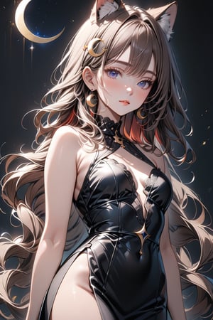1girl, solo, cute smile, bangs covering human ears, ((standing: 2.5)) long hair, looking at viewer, blush, bangs, ((one crescent moon hair ornament: 2)), black dress, blue eyes, himecut hairstyle, brown hair, ((cat ears: 1.2)), earrings, parted lips, blurry, lips, eyelashes, portrait, light particles, ((masterpiece: 2)), excellent quality, light particles, ((stunning_image: 1.5)), ((outer hair brown: 1.7)), ((red inner fur: 1.5)), ((Braid: 1.4)), close up.
