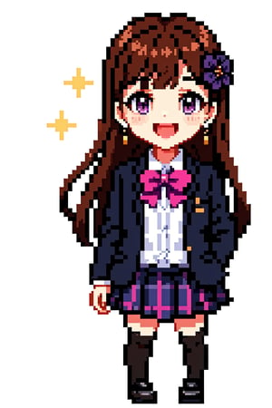 1girl, solo, long hair, looking at viewer, blush, smile, open mouth, bangs, skirt, simple background, brown hair, shirt, hair ornament, thighhighs, long sleeves, white background, bow, jewelry, very long hair, school uniform, standing, purple eyes, jacket, full body, white shirt, flower, :d, hair bow, pleated skirt, earrings, frills, open clothes, striped, collared shirt, black thighhighs, hair flower, chibi, black footwear, open jacket, plaid, sparkle, dress shirt, rose, blue bow, plaid skirt, blazer, pink bow, blue jacket, pink flower, blue flower, purple skirt, purple bow, striped bow, purple flower, pink rose