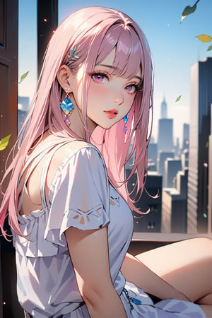 1girl, solo, ((sitting: 2.5)), long hair, looking at viewer, blush, bangs, hair ornament, jewelry, pink eyes, himecut, pink straight hair, earrings, parted lips, blurry, lips, ((ropa de verano: 1.1)), eyelashes, portrait, light particles, ((masterpiece: 2.5)), excellent quality, ((standing: 1.5)), city in background, ((stunning_image: 1.5)), ((leaves in air: 1)), full body shot.