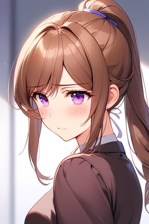 1girl, solo, masterpiece quality, blush, purple eyes, brown hair, ponytail hairstyle, blurry, eyelashes, portrait, medium long shot, ((upper body)), reflection, hate, she's very embarrassed, She looks away, embarrassed face, detailed embarrassment, frown, Eyes