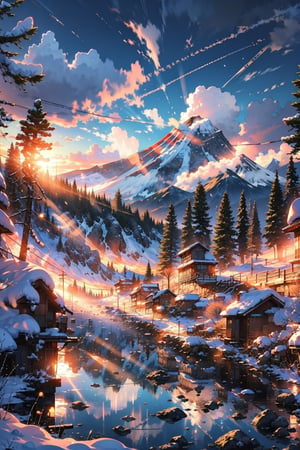 Landscape, sky, blurry, tree, winter, snow, stunning aesthetics, sunlight, majestic volcano, beautiful and detailed image, reflection, sunset, 8k,detail,midjourney,pastelbg