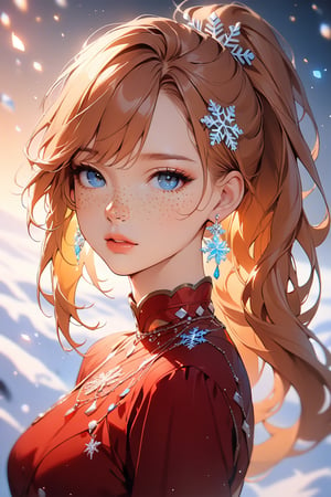 1girl, solo, ((standing: 2.5)), long hair, looking at viewer, blush, bangs, hair ornament, jewelry, blue eyes, ponytail, orange straight hair, earrings, parted lips, blurry, lips, ((red dress: 1.1)), eyelashes, portrait, light particles, ((masterpiece: 2)), excellent quality, light particles, ((freckles: 1.5)), snowflakes, ((stunning_image: 1.5)), ((magma drops in air: 1)), medium long shot.,Ink art,Eyes