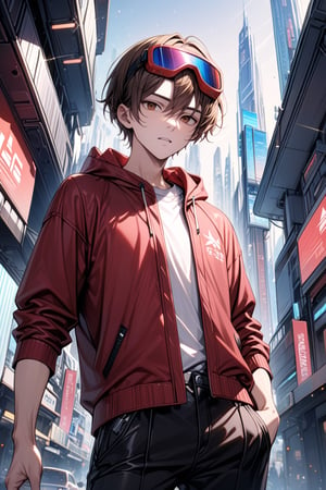 1boy, male focus, medium shot, cyberpunk clothes (white shirt, red hoodie, black_pants, futuristic goggles in head), ((masterpiece quality: 2)), ((light particles: 1.5)), futuristic city in background. physical appareance (brown hair, red eyes, very short hair).