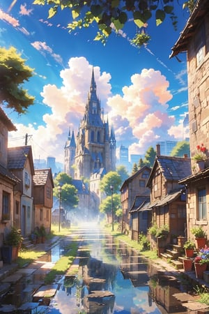 outdoors, sky, day, cloud, tree, blue sky, no humans, window, shadow, plant, building, scenery, reflection, medieval city, ((fantasy medieval city: 1.2)), ((stunning_image: 1.2))