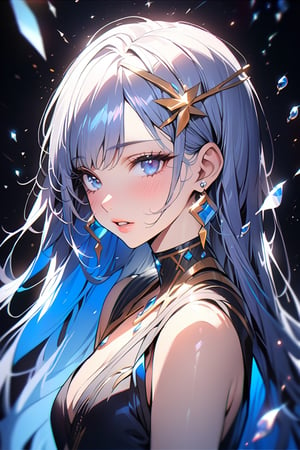 1girl, solo, ((standing: 2.5)) long hair, looking at viewer, blush, bangs, hair ornament, jewelry, blue eyes, himecut, black straight hair, ((girl sitting: 1.2)), earrings, parted lips, blurry, lips, eyelashes, portrait, light particles, ((masterpiece: 2)), excellent quality, light particles, water drop, ((stunning_image: 1.5)), ((cristals in air: 1)), medium long shot.