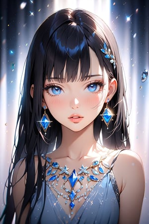 1girl, solo, ((standing: 2.5)) long hair, looking at viewer, blush, bangs, hair ornament, jewelry, blue eyes, himecut, black straight hair, earrings, parted lips, blurry, lips, eyelashes, portrait, light particles, ((masterpiece: 2)), excellent quality, light particles, water drop, ((stunning_image: 1.5)), ((cristals in air: 1)), medium long shot.