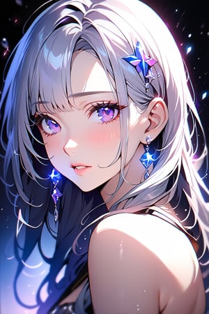 1girl, solo, long hair, looking at viewer, blush, bangs, hair ornament, jewelry, purple eyes, himecut, silver hair, earrings, parted lips, blurry, lips, eyelashes, portrait, light particles, ((masterpiece: 2)), excellent quality, light particles, water drop, ((stunning_image: 1.5)), ((cristals in air: 1)).