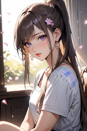 1girl, solo, ((sitting: 2.5)), long hair, looking at viewer, blush, bangs, hair ornament, jewelry, purple eyes, ponytail, brown straight hair, earrings, parted lips, blurry, lips, ((casual clothes: 1.1)), eyelashes, portrait, light particles, ((masterpiece: 2.5)), excellent quality, light particles, ((stunning_image: 1.5)), ((sakura petals in air: 1)), full shot.