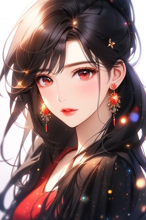 1girl, solo, long hair, looking at viewer, blush, bangs, hair ornament, jewelry, red eyes, ponytail, black hair, earrings, parted lips, blurry, lips, eyelashes, portrait, light particles