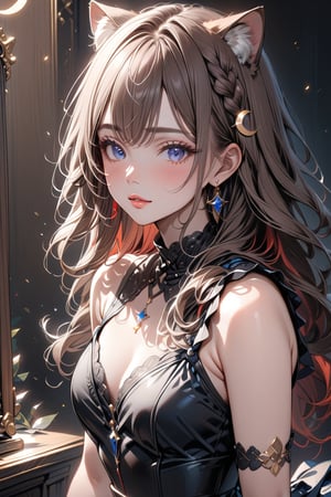 1girl, solo, cute smile, bangs covering human ears, ((standing: 2.5)) long hair, looking at viewer, blush, bangs, ((one crescent moon hair ornament: 1)), black dress, blue eyes, himecut hairstyle, brown hair, ((cat ears: 1.2)), earrings, parted lips, blurry, lips, eyelashes, portrait, light particles, ((masterpiece: 2)), excellent quality, light particles, ((stunning_image: 1.5)), ((outer hair brown: 1.7)), ((red inner fur: 1.5)), ((Braid: 1.4)), close up.