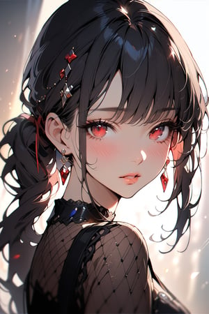 1girl, solo, long hair, looking at viewer, blush, bangs, hair ornament, jewelry, red eyes, ponytail, black hair, earrings, parted lips, blurry, lips, eyelashes, portrait, light particles, ((masterpiece: 2)), excellent quality.