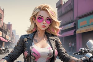comic book illustration of a portrait of a chooper motorcycle rider woman,  custom design, intricately detailed chooper realism, wearing white shirt, wearing black jacket wearing sunglasses, wearing jeans, (((only one woman))), lightly open lips, short blonde with pink highlights hair, tattooed  body, full color, vibrant colors, 
sexy body, detailed gorgeous face, chinatown city in background, exquisite detail, 30-megapixel, 4k, Flat vector art, Vector illustration, Illustration,arch143,steampunk style,<lora:659095807385103906:1.0>