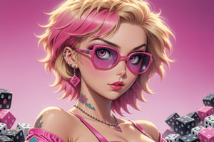 close-up comic book illustration of a portrait of a gaming dice woman, wearing poker dice earrings, wearing sexy dress, wearing cube-shaped sunglasses, wearing poker dice necklace,  (((only one woman))), short blonde ((with pink highlights hair)), poker dice tattoo, full color, vibrant colors, 
sexy body, detailed gorgeous face, poker dice environmentd, exquisite detail,  30-megapixel, 4k, Flat vector art, Vector illustration, Illustration,,,<lora:659095807385103906:1.0>