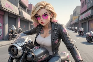 comic book illustration of a portrait of a chooper motorcycle rider woman,  custom design, intricately detailed chooper realism, wearing white shirt, wearing black jacket wearing sunglasses, wearing jeans, (((only one woman))), lightly open lips, short blonde with pink highlights hair, tattooed  body, full color, vibrant colors, 
sexy body, detailed gorgeous face, chinatown city in background, exquisite detail, 30-megapixel, 4k, Flat vector art, Vector illustration, Illustration,arch143,,<lora:659095807385103906:1.0>