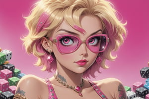 close-up comic book illustration of a portrait of a woman with poker dice as if they were jewels, wearing sexy dress, wearing sunglasses, wearing necklace made with poker dice,  (((only one woman))), short blonde ((with pink highlights hair)), tattooed  body, full color, vibrant colors, 
sexy body, detailed gorgeous face, poker dice environmentd, exquisite detail,  30-megapixel, 4k, Flat vector art, Vector illustration, Illustration,,,<lora:659095807385103906:1.0>