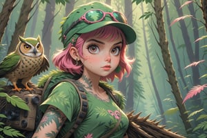 close-up comic book illustration of a portrait of a woman walking through a dense forest, with an owl in the branches, wearing green adventure dress, wearing sunglasses, wearing green adventure cap, (((only one woman))), short blonde ((with pink highlights hair)), tattooed  body, full color, vibrant colors, 
sexy body, detailed gorgeous face , dense forest in background, exquisite detail,  30-megapixel, 4k, Flat vector art, Vector illustration, Illustration,,<lora:659095807385103906:1.0>
