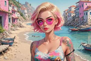 close-up comic book illustration of a portrait of a womanwalking through a fishing village, wearing sexy dress, wearing sunglasses, with a small backpack, (((only one woman))), short blonde ((with pink highlights hair)), tattooed  body, full color, vibrant colors, 
sexy body, detailed gorgeous face, tourism environment, small Mediterranean town in background, exquisite detail,  30-megapixel, 4k, Flat vector art, Vector illustration, Illustration,<lora:659095807385103906:1.0>