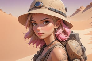 close-up comic book illustration of a portrait of a woman in Sahara desert, wearing brown adventure dress, wearing sunglasses, wearing brown adventure cap, wearing big backpack, (((only one woman))), short blonde ((with pink highlights hair)), tattooed  body, full color, vibrant colors, 
sexy body, detailed gorgeous face, high dunes in background, Sahara desert in background, exquisite detail,  30-megapixel, 4k, Flat vector art, Vector illustration, Illustration,,<lora:659095807385103906:1.0>