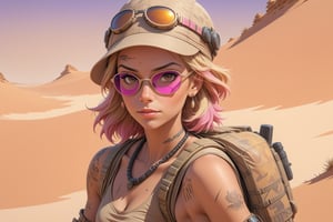 close-up comic book illustration of a portrait of a woman in Sahara desert, wearing brown adventure dress, wearing sunglasses, wearing brown adventure cap, wearing big backpack, (((only one woman))), short blonde ((with pink highlights hair)), tattooed  body, full color, vibrant colors, 
sexy body, detailed gorgeous face, high dunes in background, Sahara desert in background, exquisite detail,  30-megapixel, 4k, Flat vector art, Vector illustration, Illustration,,<lora:659095807385103906:1.0>
