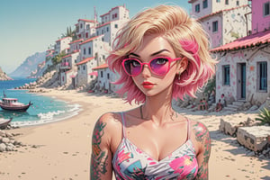 close-up comic book illustration of a portrait of a womanwalking through a fishing village, wearing sexy dress, wearing sunglasses, with a small backpack, (((only one woman))), short blonde ((with pink highlights hair)), tattooed  body, full color, vibrant colors, 
sexy body, detailed gorgeous face, tourism environment, small Mediterranean town in background, exquisite detail,  30-megapixel, 4k, Flat vector art, Vector illustration, Illustration,<lora:659095807385103906:1.0>