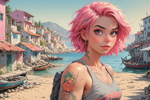 close-up comic book illustration of a portrait of a womanwalking through a fishing village, wearing tank top, wearing jeans, wearing sunglasses, with a small backpack, (((only one woman))), short blonde ((with pink highlights hair)), tattooed  body, full color, vibrant colors, 
sexy body, detailed gorgeous face, tourism environment, small Mediterranean town in background, exquisite detail,  30-megapixel, 4k, Flat vector art, Vector illustration, Illustration,<lora:659095807385103906:1.0>