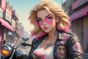 comic book illustration of a portrait of a chooper motorcycle rider woman,  custom design, intricately detailed chooper realism, wearing white shirt, wearing black jacket wearing sunglasses, wearing jeans, (((only one woman))), lightly open lips, short blonde with pink highlights hair, tattooed  body, full color, vibrant colors, 
sexy body, detailed gorgeous face, chinatown city in background, exquisite detail, 30-megapixel, 4k, Flat vector art, Vector illustration, Illustration,,<lora:659095807385103906:1.0>