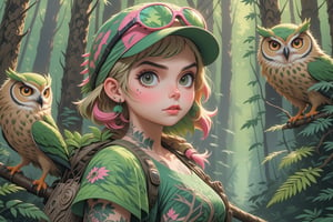 close-up comic book illustration of a portrait of a woman walking through a dense forest, with an big owl in the branches, wearing green adventure dress, wearing sunglasses, wearing green adventure cap, (((only one woman))), short blonde ((with pink highlights hair)), tattooed  body, full color, vibrant colors, 
sexy body, detailed gorgeous face , dense forest in background, exquisite detail,  30-megapixel, 4k, Flat vector art, Vector illustration, Illustration,,<lora:659095807385103906:1.0>