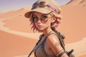 close-up comic book illustration of a portrait of a woman in Sahara desert, wearing brown adventure dress, wearing sunglasses, wearing brown adventure cap, wearing backpack, a hiking stick in her hand, (((only one woman))), short blonde ((with pink highlights hair)), tattooed  body, full color, vibrant colors, 
sexy body, detailed gorgeous face, high dunes in background, Sahara desert in background, exquisite detail,  30-megapixel, 4k, Flat vector art, Vector illustration, Illustration,,<lora:659095807385103906:1.0>
