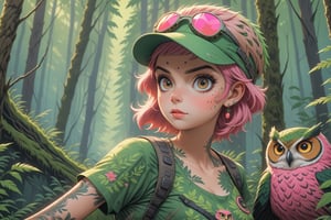 close-up comic book illustration of a portrait of a woman walking through a dense forest, with an owl in the branches, wearing green adventure dress, wearing sunglasses, wearing green adventure cap, (((only one woman))), short blonde ((with pink highlights hair)), tattooed  body, full color, vibrant colors, 
sexy body, detailed gorgeous face , dense forest in background, exquisite detail,  30-megapixel, 4k, Flat vector art, Vector illustration, Illustration,,<lora:659095807385103906:1.0>