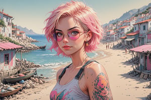 close-up comic book illustration of a portrait of a womanwalking through a fishing village, wearing tank top, wearing jeans, wearing sunglasses, with a small backpack, (((only one woman))), short blonde ((with pink highlights hair)), tattooed  body, full color, vibrant colors, 
sexy body, detailed gorgeous face, tourism environment, small Mediterranean town in background, exquisite detail,  30-megapixel, 4k, Flat vector art, Vector illustration, Illustration,<lora:659095807385103906:1.0>