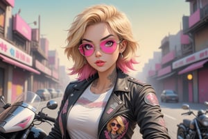 comic book illustration of a portrait of a chooper motorcycle rider woman,  custom design, intricately detailed chooper realism, wearing white shirt, wearing black jacket wearing sunglasses, wearing jeans, (((only one woman))), lightly open lips, short blonde with pink highlights hair, tattooed  body, full color, vibrant colors, 
sexy body, detailed gorgeous face, chinatown city in background, exquisite detail, 30-megapixel, 4k, Flat vector art, Vector illustration, Illustration,,<lora:659095807385103906:1.0>