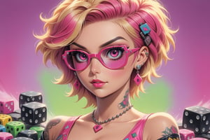 close-up comic book illustration of a portrait of a gaming dice woman, wearing earrings with poker dice, wearing sexy dress, wearing cube-shaped sunglasses, wearing poker dice necklace,  (((only one woman))), short blonde ((with pink highlights hair)), tattooed  body, full color, vibrant colors, 
sexy body, detailed gorgeous face, poker dice environmentd, exquisite detail,  30-megapixel, 4k, Flat vector art, Vector illustration, Illustration,,,<lora:659095807385103906:1.0>