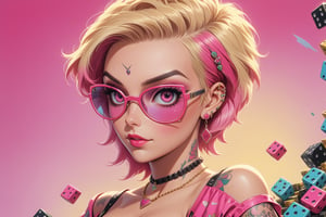 close-up comic book illustration of a portrait of a woman with poker dice earings, wearing sexy dress, wearing sunglasses, wearing poker dice necklace,  (((only one woman))), short blonde ((with pink highlights hair)), tattooed  body, full color, vibrant colors, 
sexy body, detailed gorgeous face, poker dice environmentd, exquisite detail,  30-megapixel, 4k, Flat vector art, Vector illustration, Illustration,,,<lora:659095807385103906:1.0>
