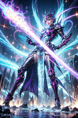 A paladin encased in a mystical circle of swirling purple and red energies. The air around them crackles with crystal clear sparks that refract through the silver-tinged haze, casting an otherworldly glow on their regal features. The paladin's armor glows with a soft, pulsing light as they stand frozen, poised between worlds.