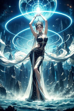 Gaia, the goddess of the earth, stands majestically amidst a swirling vortex of black and white energies. A floating magic circle encircles her, pulsating with an otherworldly glow. In the distance, a complex Sanskrit structure rises from the space background, its intricate patterns echoing Gaia's divine essence. Amidst this celestial ballet, crystal and silver threads weave together in a negative entanglement, as if the very fabric of reality is being rewoven.
