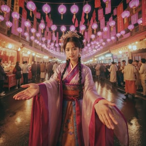 Realistic 16K resolution Cobalt tone colors photography featuring majicMIX realistic lora, a joyful girl wearing fashionable traditional Hanfu playing Gezi Opera, at glowing stage in middle of the street.
break, 
1 girl, Exquisitely perfect symmetric very gorgeous face, perfect breasts, Exquisite delicate crystal clear skin, Detailed beautiful delicate eyes, perfect slim body shape, slender and beautiful fingers, nice hands, perfect hands, perfect pussy, illuminated by vivid colors theme, film grain, realistic skin, dramatic lighting, soft lighting, exaggerated perspective of  (fisheye lens depth,),z1l4,hands