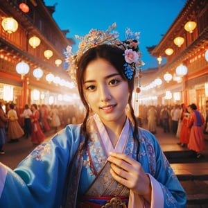 Realistic 16K resolution Cobalt tone colors photography featuring majicMIX realistic lora, a joyful girl wearing fashionable traditional Hanfu playing Gezi Opera, at glowing stage in middle of the street.
break, 
1 girl, Exquisitely perfect symmetric very gorgeous face, perfect breasts, Exquisite delicate crystal clear skin, Detailed beautiful delicate eyes, perfect slim body shape, slender and beautiful fingers, nice hands, perfect hands, perfect pussy, illuminated by vivid colors theme, film grain, realistic skin, dramatic lighting, soft lighting, exaggerated perspective of  (fisheye lens depth,),z1l4,hands