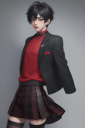 Best quality, masterpiece, ultra high res,
1boy, make up, lipstick, male logo sticker,

Short hair, wild hair,

black and red skirt, red and black top, stocking, high_heels, kawaii, fun,

,Male mature, androgynous, male face, flat_chest, otoko no ko, femboy, twink, trap, [[[toned]]],man,aesthetic portrait,looking at the viewer, crossdressing,