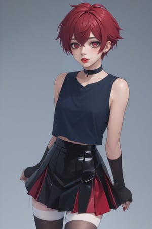 Best quality, masterpiece, ultra high res,
1boy, make up, lipstick, 

Short hair, wild hair,

black and red skirt, red and black top, stocking ,high_heels, kawaii pose, instagram influenser,

,Male mature, androgynous, male face, flat_chest, otoko no ko, femboy, twink, trap, [[[toned]]],man,aesthetic portrait,looking at the viewer, crossdressing,