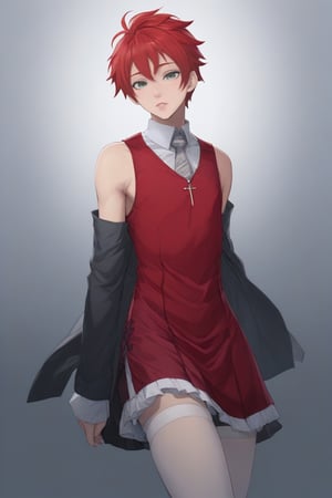 Best quality, masterpiece, ultra high res,

Short hair, wild hair,
No background,
Red dress, stocking, high_heels, 

,Male mature, androgynous, male face, flat_chest, otoko no ko, femboy, twink, trap, [[[toned]]],man,aesthetic portrait,looking at the viewer,1boy, crossdressing, 