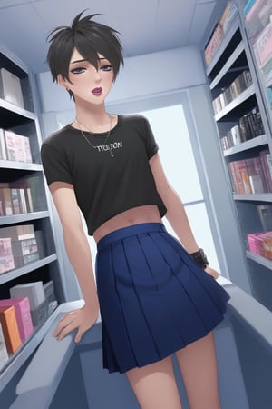 Best quality, masterpiece, ultra high res,
{{{1boy}}}, make up, lipstick, 

Short hair, wild hair,

,pretty mood, romantic expression, romantic date,kawaii,

,hotpants, crop top, off shelves, skirt, punk style,

,Male mature, androgynous, male face, flat_chest, otoko no ko, femboy, twink, trap, [[[toned]]],man,aesthetic portrait,looking at the viewer, crossdressing,