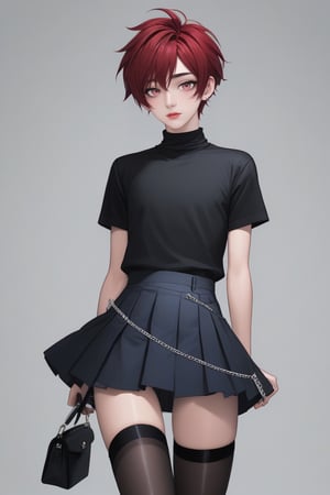 Best quality, masterpiece, ultra high res,
{{{1boy}}}, make up, lipstick, 

Short hair, wild hair,

black and red skirt, red and black top, stocking ,high_heels, kawaii pose, instagram influenser, pretty mood,



,Male mature, androgynous, male face, flat_chest, otoko no ko, femboy, twink, trap, [[[toned]]],man,aesthetic portrait,looking at the viewer, crossdressing,