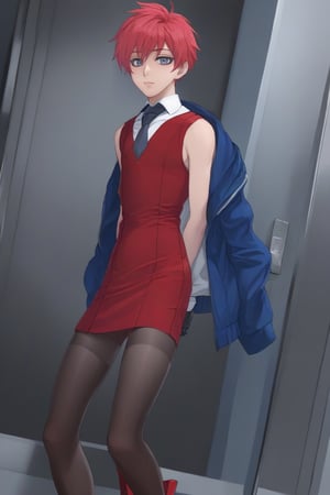 Best quality, masterpiece, ultra high res,
1boy, 

Short hair, wild hair,

Red dress, stocking, high_heels

,Male mature, androgynous, male face, flat_chest, otoko no ko, femboy, twink, trap, [[[toned]]],man,aesthetic portrait,looking at the viewer,1boy, crossdressing, big cock