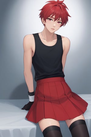 Best quality, masterpiece, ultra high res,
1boy, 

Short hair, wild hair,

black and red skirt, red and black tank top, stocking, high_heels, kawaii,

,Male mature, androgynous, male face, flat_chest, otoko no ko, femboy, twink, trap, [[[toned]]],man,aesthetic portrait,looking at the viewer, crossdressing, big cock